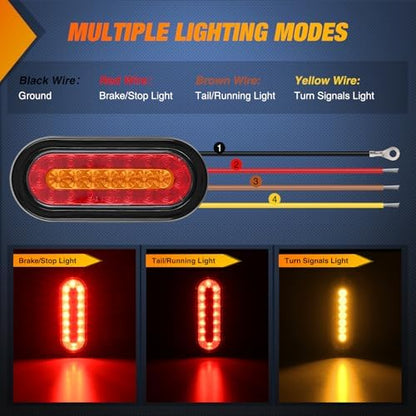 Nilight 6" Oval Trailer Tail Light 2 PCS Red Amber w/Mounting Brackets
