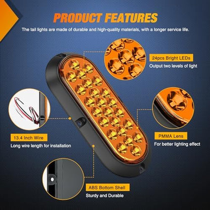 Nilight 6" Oval Trailer Tail Light 2PCS Amber 24LED Turn Signal Lights