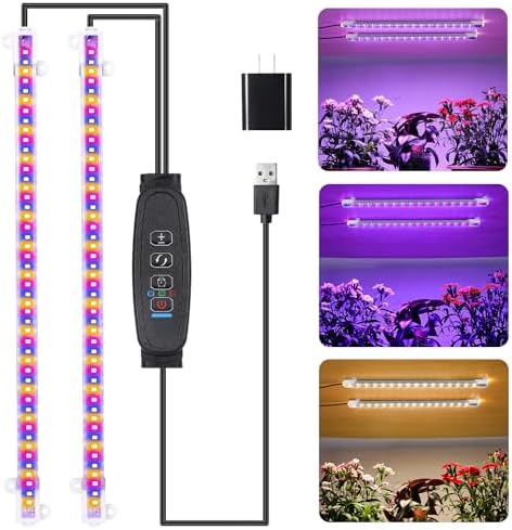 RWNTAO Two Strip Growing Lamp for Indoor Plants, Red & Blue & Yellow Full Spectrum LED Grow Light Strips with Auto ON/Off 3/9/12H Timer,10 Dimmable Levels for Green House Succulent (2 Head 13 in)