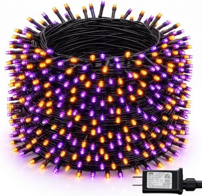 Dazzle Bright Halloween String Lights, 600 LED 196 FT Waterproof Black Wire String Lights with 8 Lighting Modes, Halloween Decorations Outdoor for Party Yard Garden Decor, Purple and Orange