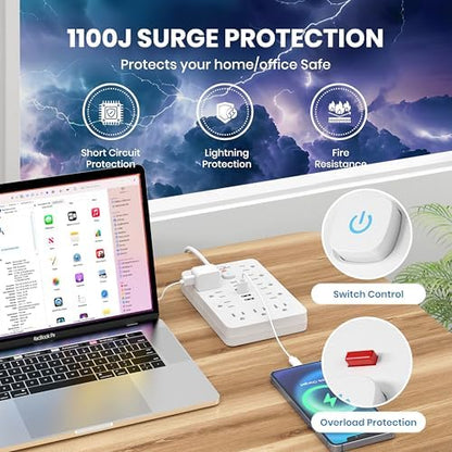 JouleLoom Power Strip Surge Protector with 11 Outlets, 4 USB and 2 USB C Ports, 5 Ft Extension Cord, Flat Plug, Wall Mount, Overload Protection Desk USB Charging Station for Home, Office（White）