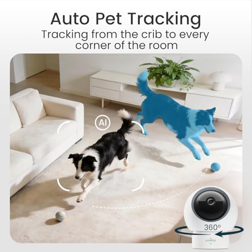 youkey 2.5K Indoor Pet Security Camera, Two-Way Audio Chat to Your Pets, AI Pet/Human Detection, 360° AI Human Tracking, Privacy Mode, No Monthly Fees, Night Vision, WiFi 6（2.4GHz & 5GHz）
