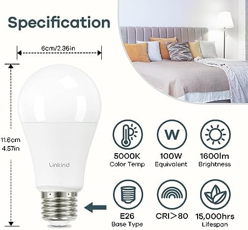 Linkind A19 LED Light Bulbs, 100 Watt Equivalent, 5000K Daylight 6 Packs