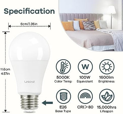 Linkind A19 LED Light Bulbs, 100 Watt Equivalent, 5000K Daylight 6 Packs