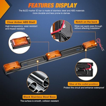 Nilight 14.2" 9 LED Trailer Light Bar Amber Clearance Marker Rear Lights
