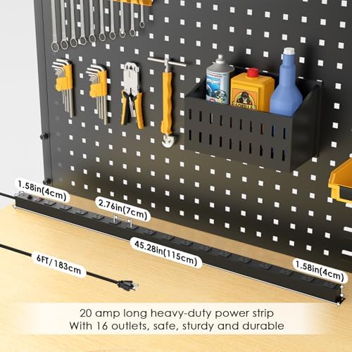 JUNNUJ Long Metal 16 Outlet Power Strip,Wide Spaced Wall Mount Metal Multiple Plugs for Industrial Garage Shop,Power Strip Surge Protection 4800J, 5-15P High Amp 6-20R T-Slot (Black, 6FT)