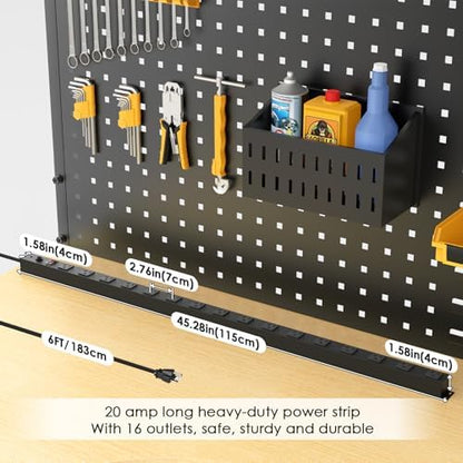 JUNNUJ Long Metal 16 Outlet Power Strip,Wide Spaced Wall Mount Metal Multiple Plugs for Industrial Garage Shop,Power Strip Surge Protection 4800J, 5-15P High Amp 6-20R T-Slot (Black, 6FT)