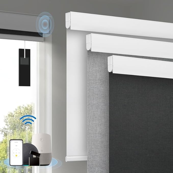 Motorized Blinds with Remote, [Free Solar Panels] Cordless Smart Blinds with Valance Cover, Blackout Electric Blinds with Remote Control, Automatic Roller Shades for Windows Light Black 33" W x 72" H