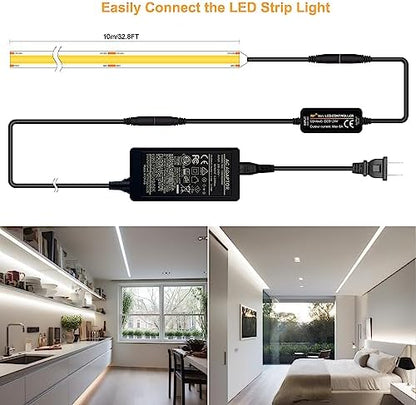Pandery LED Strip Lights 32.8FT,Dimmable cob led Strip with Adapter and Remote,24V Strip Lights CRI90+ 8mm Wide 3840leds,Natural White 4000K Indoor led Tape,Perfect for Cabinet,Room,Kitchen,TV