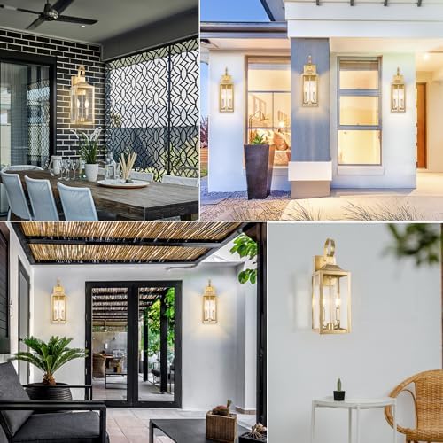19" Gold Outdoor Wall Lantern 2-Light, Large Modern Outdoor Sconce Lights