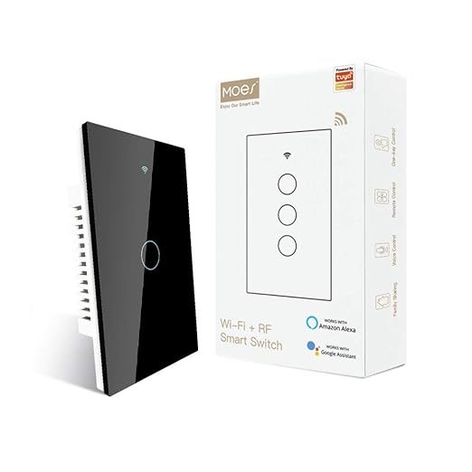 MOES Touch Wall Single Live Wire Smart Switch，No Neutral Wire Needed, 2.4GHz WiFi RF433 Light Switch Works with Smart Life/Tuya App, Alexa and Google Home, Single Pole 110V, Black 1 Gang