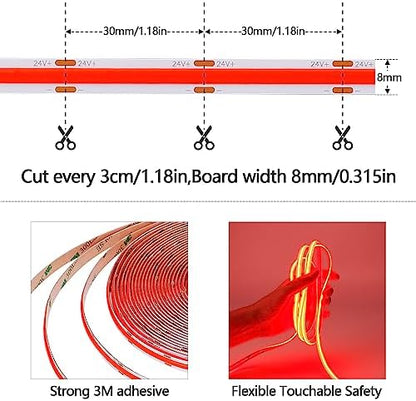 32.8ft/10M 24V Red COB LED Strip Light 3840LEDs IP20 Not Waterproof