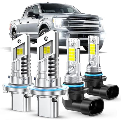 Marsauto H13 H10 LED Light Bulbs Combo 60,000 Lumens 6500K White, 1:1 Size 9008/H13 9145/H10 LED Fog Light Bulbs Combo for 2004-2014 Ford F-150, 2005-2020 F250/F350, 2005-2009 Dodge Dakota, Pack of 4