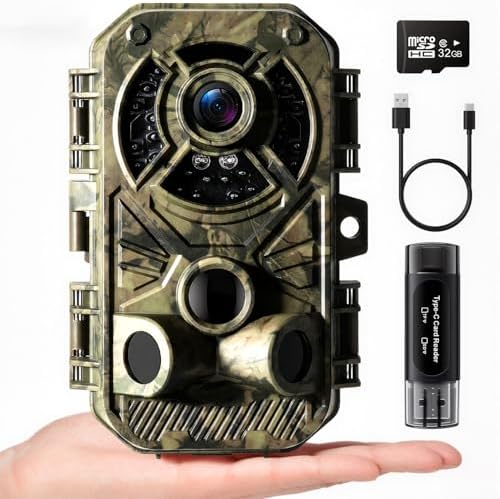 Trail Camera 32MP 2.7K, Mini Game Camera with Night Vision, Motion Activated 0.2s Trigger, 120° Wide Angle, Waterproof No Glow Infrared, Hunting Camera with 32GB Card, 2.0” HD Screen