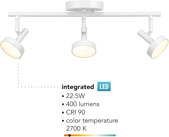 Globe Electric 64000008 19" 3-Light 22.5W Dimmable LED Integrated Track Lighting, Matte White, Lighting for Kitchen, Bathroom, Bedroom, or Dining Room, Living Room Ceiling Lights, Light Fixture