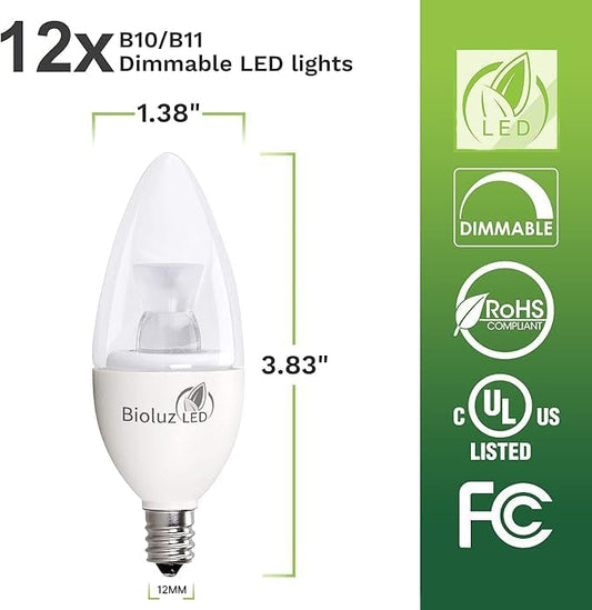 Bioluz LED Light Bulb 40 Watt Candelabra Bulbs 4.5W Dimmable Candelabra LED Bulbs C37 E12 Led Bulb,325 Lumens,120° Beam Angle 3000K Soft White LED Candle Light bulbs For Home Decor UL Listed Pack of 6