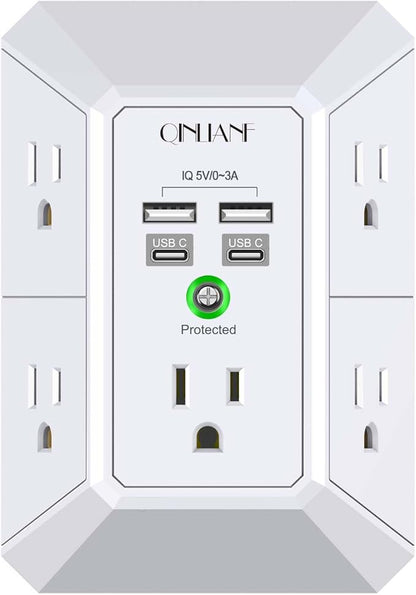 USB Wall Charger, Surge Protector, QINLIANF 5 Outlet Extender with 4 USB Charging Ports(2U2C) 3-Sided 1680J Power Strip Multi Plug Outlets Wall Adapter Spaced for Home Travel Office, White