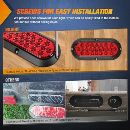 Nilight 6" Oval Trailer Tail Light 2PCS Red 24LED Running Stop Brake Lights