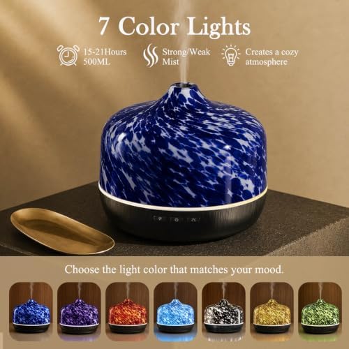 Porseme 500ml Glass Essential Oil Diffuser Aromatherapy Ultrasonic Cool Mist Humidifier 15-21 Running Hours Waterless Auto-Off Air Diffusers for Sleeping Yoga Working Spa(Pongo)