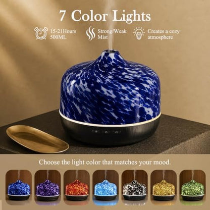 Porseme 500ml Glass Essential Oil Diffuser Aromatherapy Ultrasonic Cool Mist Humidifier 15-21 Running Hours Waterless Auto-Off Air Diffusers for Sleeping Yoga Working Spa(Pongo)