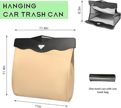 Smart LED Car Trash Can, Magnetic Leather Passenger Side Storage Pocket with Disposable Rubbish Bags, Waterproof Garbage Bag Multipurpose Hanging Container for Back Seat (Beige)