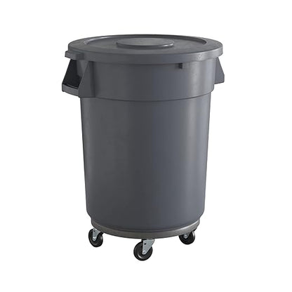 32 Gallon Gray Round Commercial Trash Can with Lid and Dolly, Heavy-Duty Food Grade NSF Certified, Perfect for Restaurant, Office, School, Garage, Backyard, Workshop, Warehouse