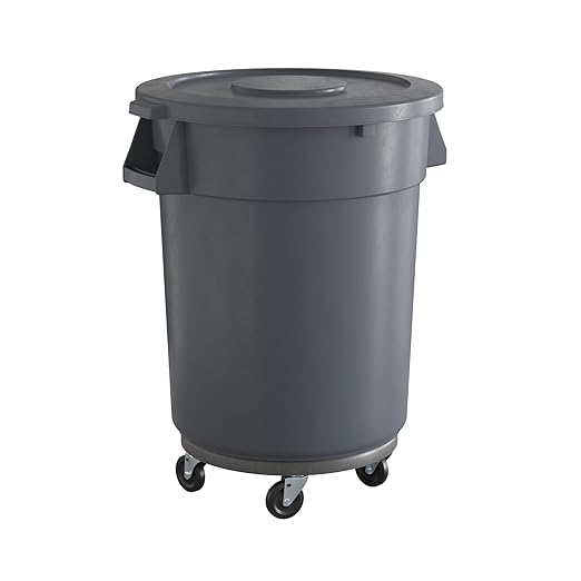 32 Gallon Gray Round Commercial Trash Can with Lid and Dolly, Heavy-Duty Food Grade NSF Certified, Perfect for Restaurant, Office, School, Garage, Backyard, Workshop, Warehouse