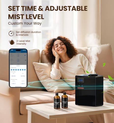 Waterless Essential Oil Diffuser with 2 x 100ML Oils, 5000 Sq.Ft Whole House Scent Machine, 200ml Cold Air Fragrance Diffuser with Bluetooth App Control for Home Hotel Office, Black