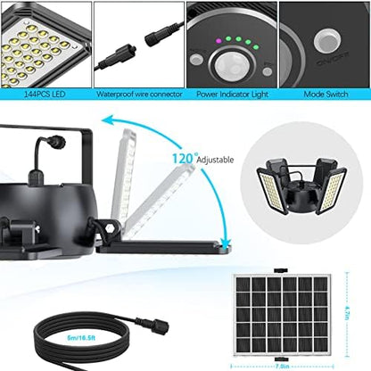 Latband Solar Shed Light Outdoor Indoor Solar Powered Motion Sensor Pendant Light,144LED 1200LM Daytime Work with 5 Modes & Remote Control 4 Heads IP65 Waterproof for Garage Barn Shop 2 Pack