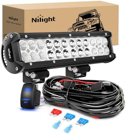 Nilight - ZH084 LED Light Bar 12Inch 72W Spot Flood Combo LED Off Road Lights 12V 5Pin Rocker Switch Wiring Harness Kit- One Lead, 2 Years Warranty