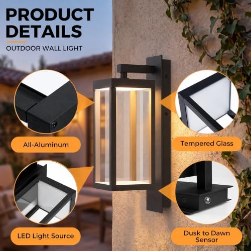 Outdoor Wall Lights, Dusk to Dawn Outdoor Lighting, 15" LED Exterior Lighting Fixtures, Waterproof Sconce Porch Lights, Wall Mount Lamps for Doorway, Garage, Porch, Patio, Yard, Front Door