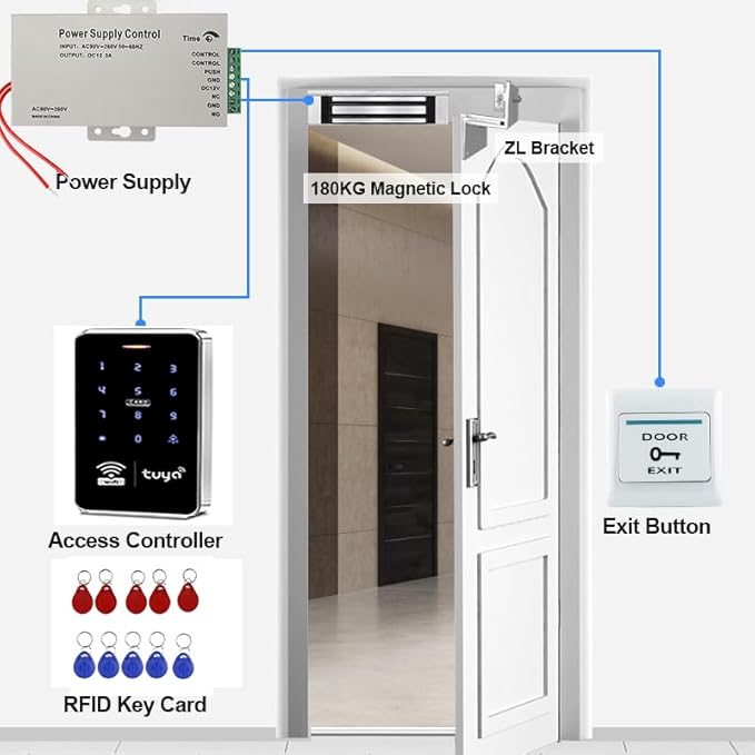 Access Control System Kit, IP68 Waterproof RFID Keyboard, 150/330lbs Electric Bolt Lock, 10 Keyfobs (Silver)