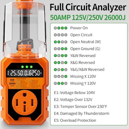 50 Amp RV Surge Protector 26000J Overload Auto Shutoff & Manual Reset