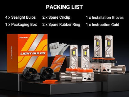 SEALIGHT 9005 H11 Lights Combo, 132,000LM Ultra-1000% Brighter S6-Pro with 2025 4th-Core LED Chips, 6500K hb3 h8 Combo or fog, Up 80,000hrs+ Lifespan, 3 Min Plug and Play,IP68, Pack of 4