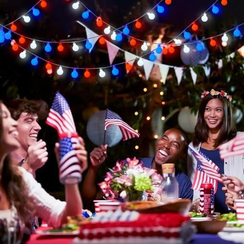 JMEXSUSS Red White and Blue Lights Battery Operated, 33ft 4th of July Lights Outdoor Waterproof, 100 LED String Light for Independence Day Memorial Patriotic Day Decor (Pack of 2)