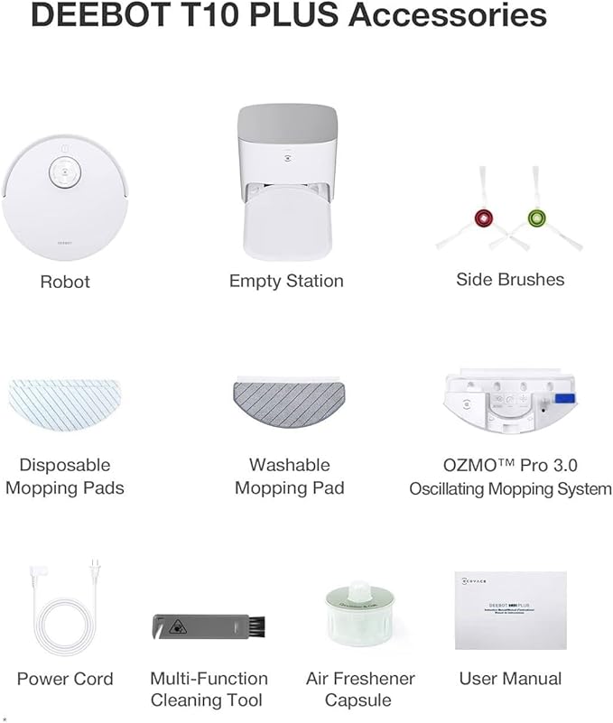 ECOVAS T10 Plus Robot Vacuum and Mop Combo with Auto-Empty Station, 3000Pa, AIVI 3.0 Obstacle Avoidance, OZMO Pro 3.0 Oscillating Mopping, 3D Map, Air Freshener