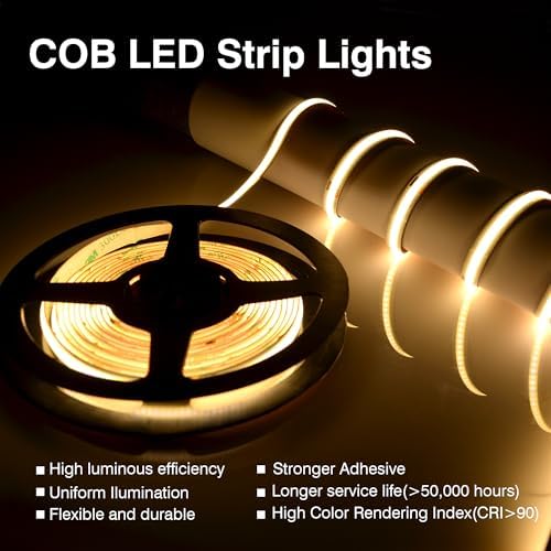Pandery COB LED Strip Lights Warm White,24V Dimmable led Light Strip KIT with Remote and app Control,3000K 65FT/20m 8mm Wide Ra>90 Cuttable Flexible Strip Lights for Bedroom,Shelf,Cabinet