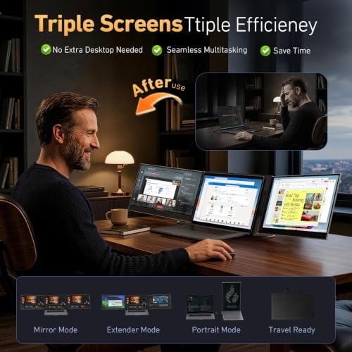 Vixtan 15.6" Triple Laptop Screen Extender, Ultra-Thin FHD IPS Portable Monitor for Laptop, USB-C Plug & Play Multi Screen Attachment for 13-17.3" laptops with Windows/Mac/Chrome