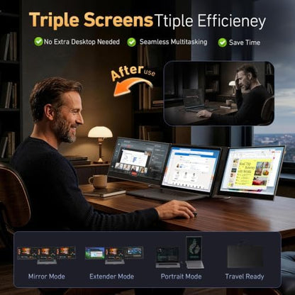 Vixtan 15.6" Triple Laptop Screen Extender, Ultra-Thin FHD IPS Portable Monitor for Laptop, USB-C Plug & Play Multi Screen Attachment for 13-17.3" laptops with Windows/Mac/Chrome