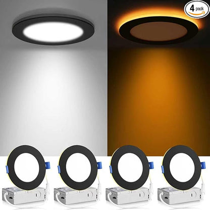 Meconard 4 Pack 4 Inch 5CCT LED Recessed Ceiling Light with Night Light, 2700K/3000K/3500K/4000K/5000K Selectable Ultra-Thin, 9W=75W, 750LM, Dimmable Canless Wafer Downlight, Black Trim