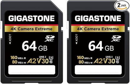 【5-Years Data Recovery】 GIGASTONE 64GB SD Card 2-Pack, 4K Camera Extreme, A2 V30 U3 SDXC Memory Card High Speed UHD Video Compatible with Canon Digital Camera, with 2 Mini case