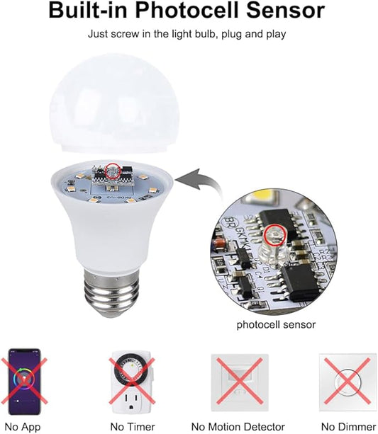 Dusk to Dawn Light Bulb, 5W (Equivalent to 40 Watt Incandescent) A19 LED Light Sensor Bulbs, Smart Auto On/Off, Indoor/Outdoor Lighting Bulb for Stairway Porch Patio, E26 Base, 2-Pack, Not Dimmable