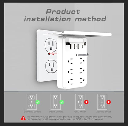 Preliminark Wall Outlet Extender with Shelf Night, Outlet Extended with Surge Protector and Shelf 6 Ac Outlets, 3 USB & 1 USB C Charging Ports, for Home Office (1pcs)