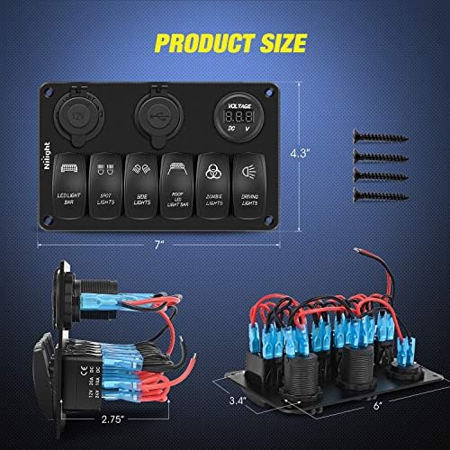 Nilight 6 Gang Rocker Switch Panel Laser Etched Aluminum Light Bar Switch with Cigarette Lighter USB Charger Voltmeter for 12V 24V Cars Boats Trailers