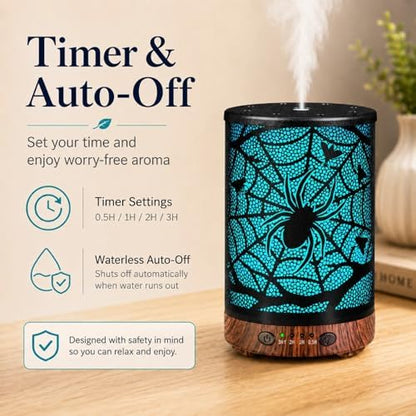 Essential Oil Diffuser 120ML Metal Aromatherapy Diffuser with Timer, Cool Mist Humidifier with Auto Shut-Off & 7 Color Lights for Home Office Spa (Spider Web)