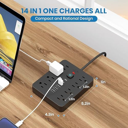 JouleLoom Power Strip Surge Protector with 8 Outlets, 4 USB and 2 USB C Ports, 5 Ft Extension Cord, Flat Plug, Wall Mount, Overload Protection Desk USB Charging Station for Home, Office
