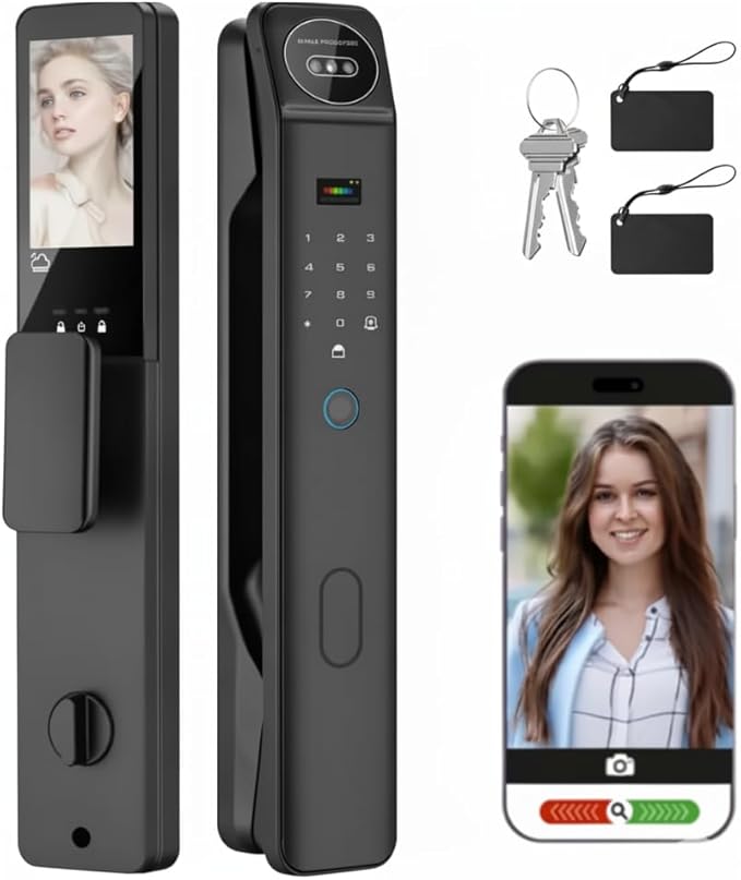 3D Face Recognition Smart Door Lock with Video Intercom, Biometric Palm Vein & Fingerprint Keyless Entry, 1080P HD Camera, Tuya App Control, Alexa Compatible, IP65 Waterproof, 5 Ways to Unlock