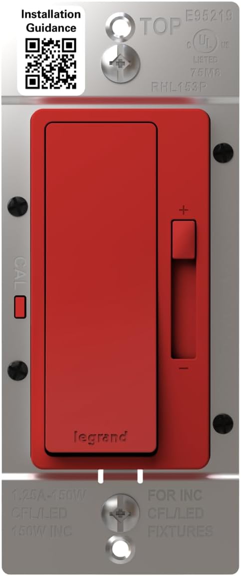 Legrand Radiant 150-Watt Single-Pole/3-Way LED Advanced Dimmer Light Switch, Flicker-Free Dimmer for Dimmable LED Bulbs, Red