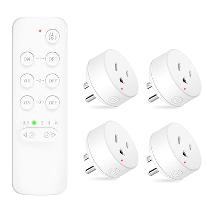 NineLeaf Remote Timer Outlet, Wireless Remote Control Plug Programmable, 500FT Long Range, 15A/1500W Plug in Light Switch, No Wiring Needed for Lamps, Fans, Christmas Lights,1Remote 4Outlets