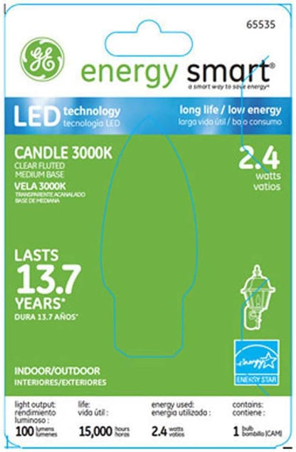GE Lighting 65535 Energy Smart LED 2.4-Watt (15-watt replacement) 100-Lumen Fluted Candle Light Bulb with Medium Base, 1-Pack